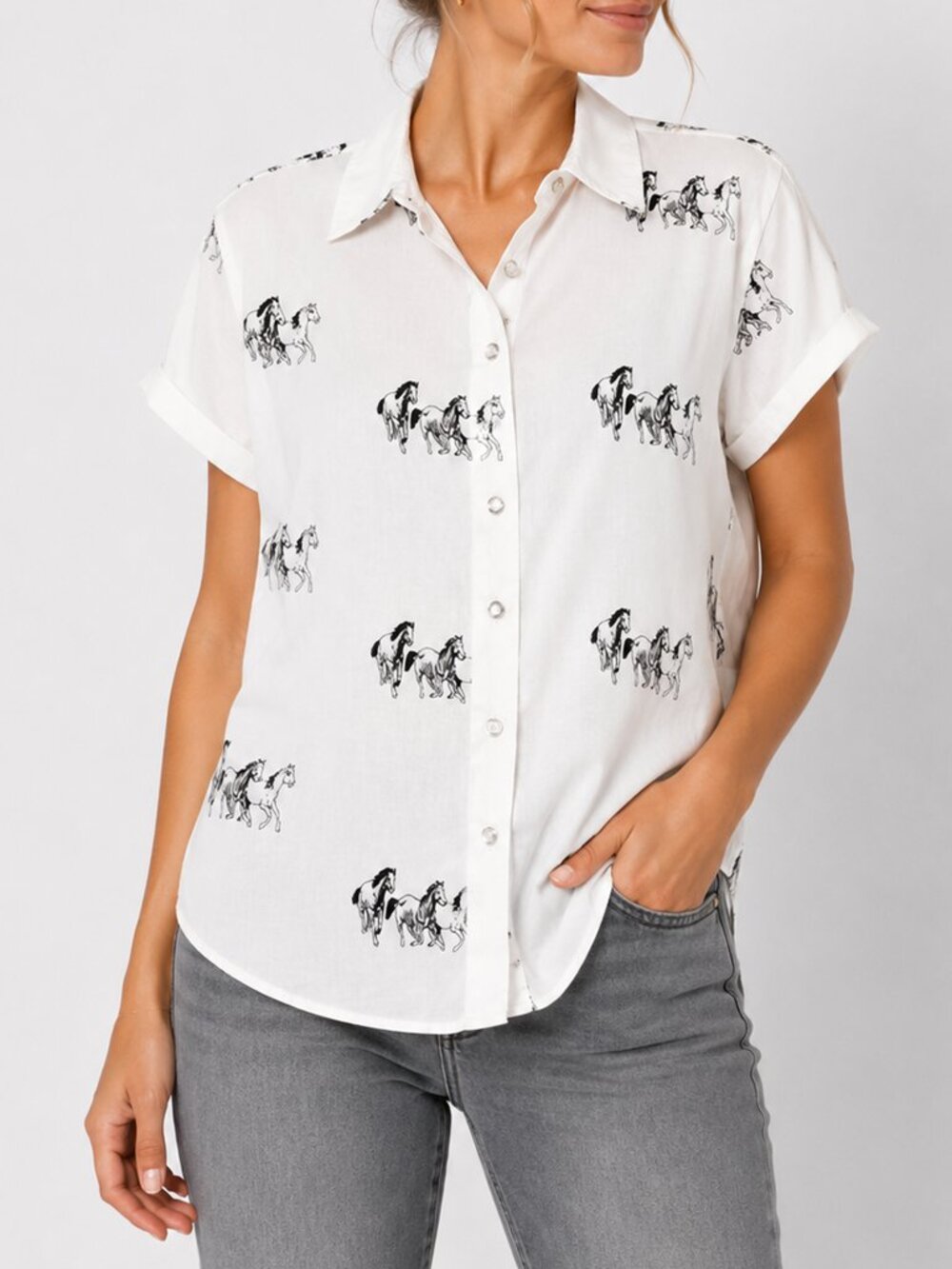 Adobe Rose White Horse Print Button Front Shirt Women's Sz S 100% Cotton Western